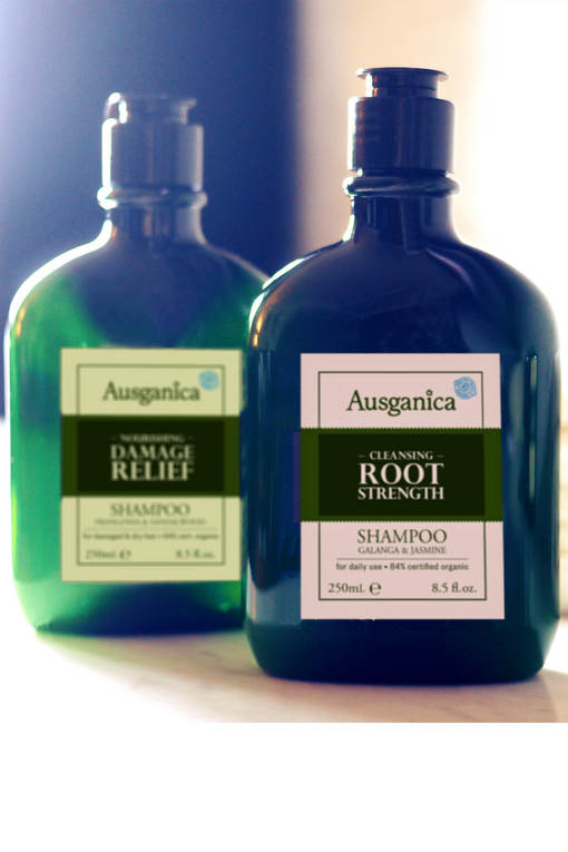 Root Strength Organic Shampoo for damaged or thinning hair. Shown with Damage Relief Shampoo