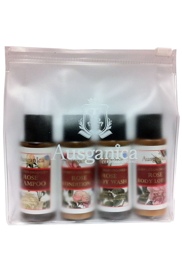 Rose Organic Travel Set shampoo conditioner body wash body lotion 30 ml in travel bag