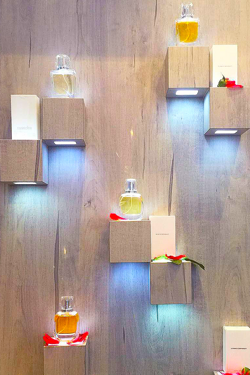 scentherapy is organic luxury fragrance displayed in all scents on wall